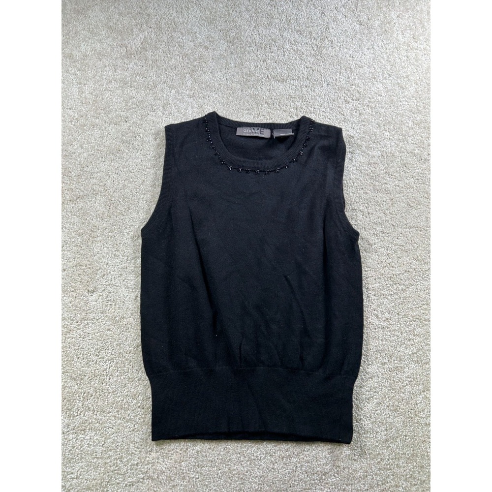 George Ladies M Black Sleeveless Sweater With Beaded Neckline Lambswool VTG